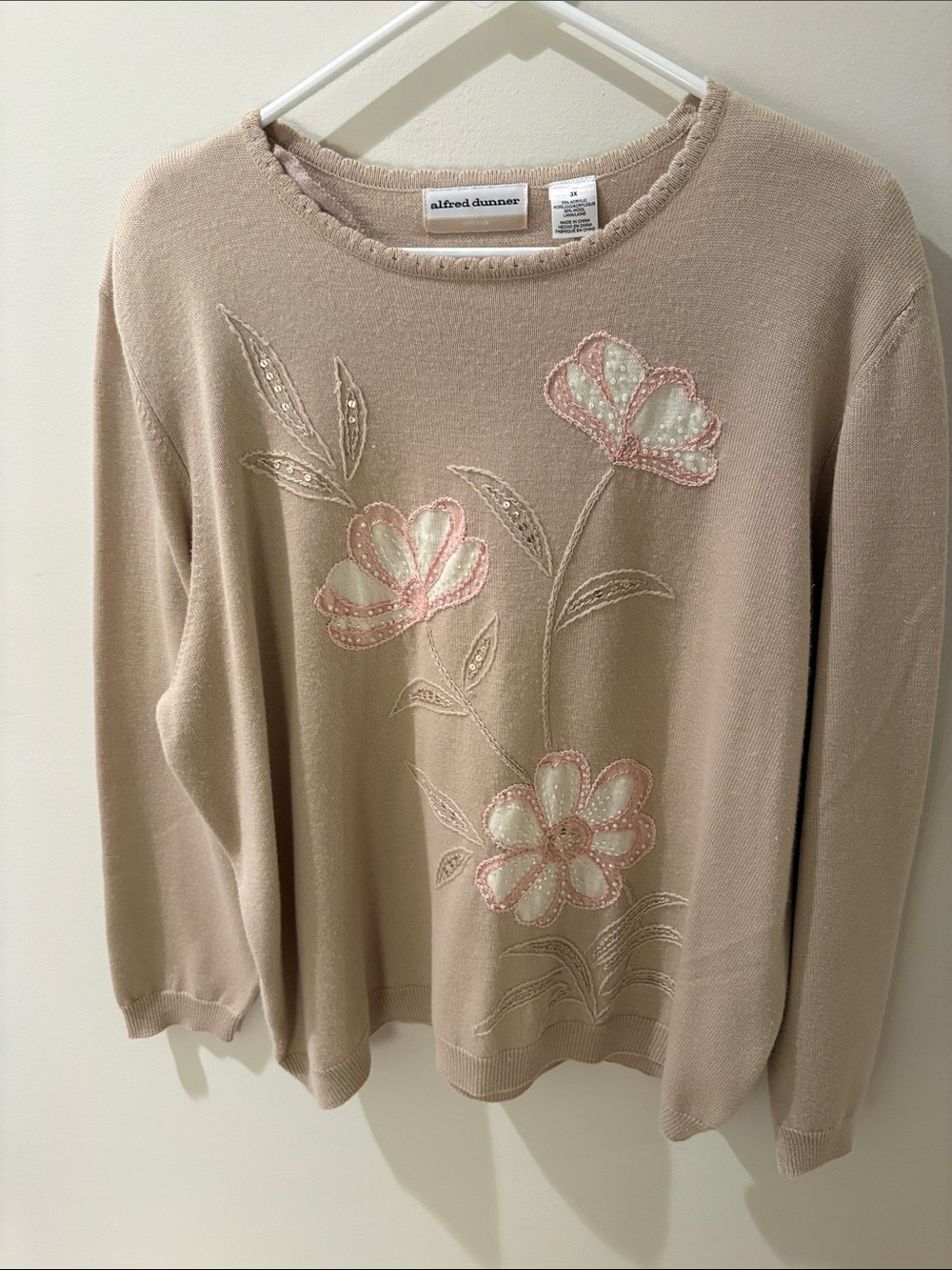 Alfred Dunner Beige Sweater with Pink & Cream Floral Appliqué
